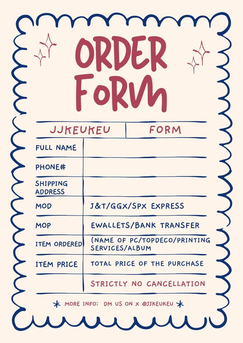 jjkeukeu's tweet photo. ⋆‧°𓏲ּ𝄢 **order form

𑣲𝓳 giveaway : #jjiveaway

𑣲𝓳 promo/discount : #jjkeudisc https://t.co/pt672Q7kJn