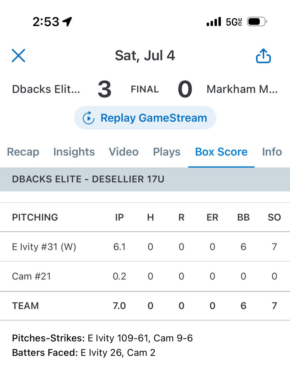 Ivity59's tweet photo. Combined NO-HITTER on the 4th! 🎆👀
Felt great on the bump—topped at 88 mph &amp; went 6.1 hitless frames to help secure the 3-0 win for Dbacks Elite! Shoutout to @camerondessell1 for closing it. 🤝
📊 6.1 IP | 0 H | 0 ER | 7 SO | T88
@DBacksEliteOrg https://t.co/hurtEBpeu6