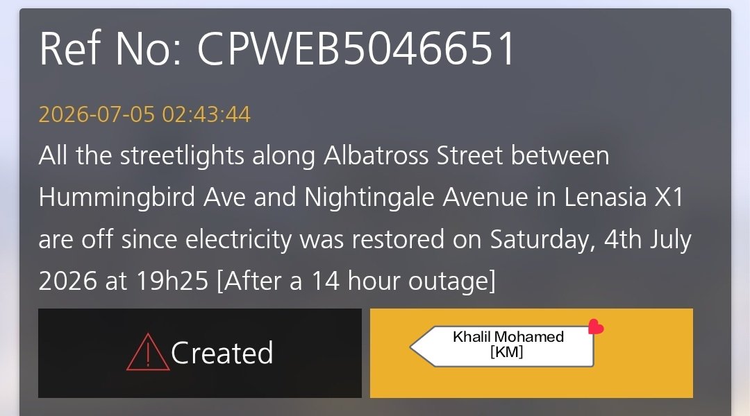 ecsd_tech's tweet photo. @CityPowerJhb - All the streetlights along Albatross Street between Hummingbird Ave and Nightingale Avenue in Lenasia X1 are off since electricity was restored on Saturday, 4th July 2026 at 19h25 [After a 14 hour outage]

Reference :  CPWEB5046651

Please escalate https://t.co/mptLRAKEct