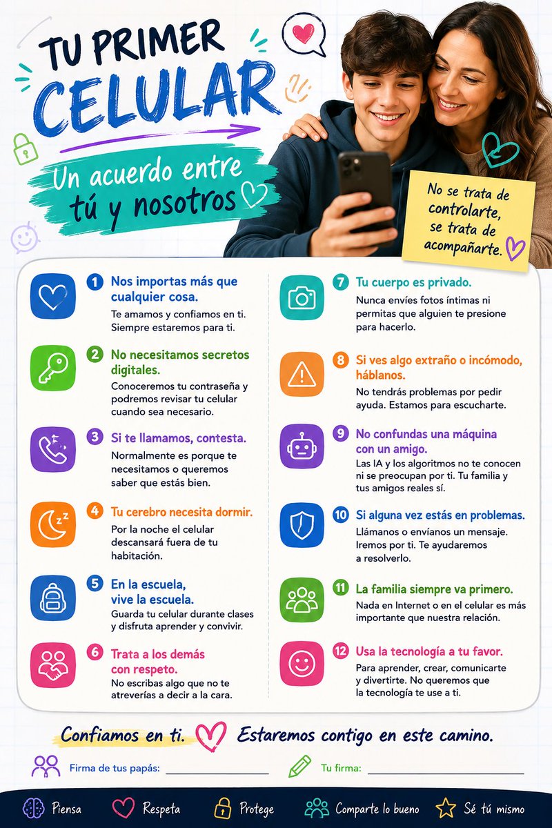 GuardiaNetMX's tweet photo. 📱 Antes del primer celular, un acuerdo familiar:

❤️ La familia va primero
😴 El celular duerme fuera del cuarto
📸 El cuerpo es privado
🤖 Una IA no es un amigo real

La tecnología debe servir a nuestros hijos, no usarlos a ellos.

#GuardiaNet #PrimerCelular #BienestarDigital https://t.co/Wwgs7eFhwA