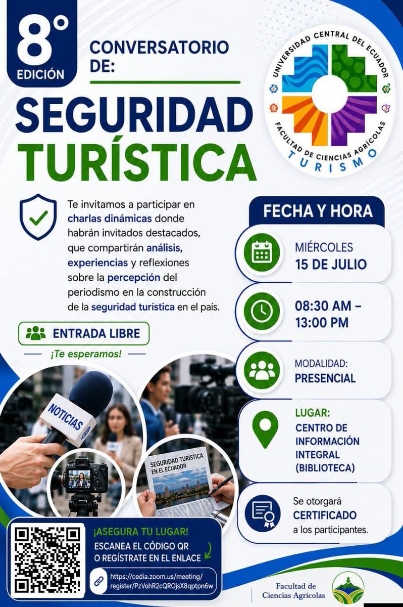 TurismoUnach's tweet photo. 🛡️🌎 Participa en la 8.ª Charla de Seguridad Turística

📍 Modalidad presencial y virtual
🎓 Certificado con registro previo

📝 [Inscríbete aquí](https://t.co/DC82a0cYzY)

#SeguridadTurística #TurismoUNACH #UNACHturismo #Riobamba #Ecuador https://t.co/8iyhilBczR