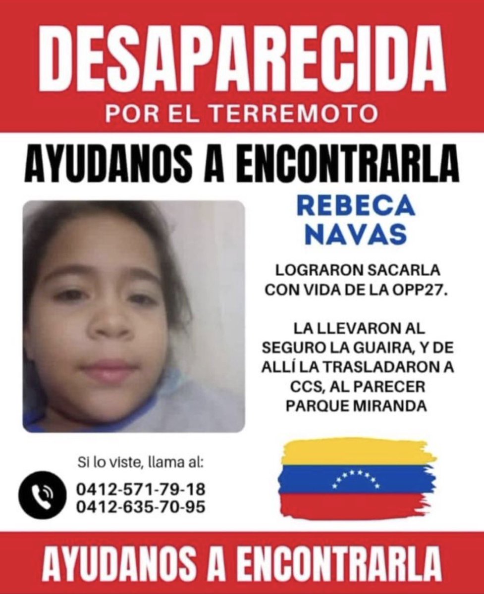 comefIower's tweet photo. ‼️‼️DESAPARECIDA

se sigue buscando a REBECA NAVAS, fue sacada con vida de la OPP27, la llevaron al seguro de la guaira y de allí la trasladaron hasta caracas, al parecer parque miranda

si la han visto o tienen información de esta pequeña, contacto al 0412-5717918 y 0412-6357095 https://t.co/OJpakTXNSZ