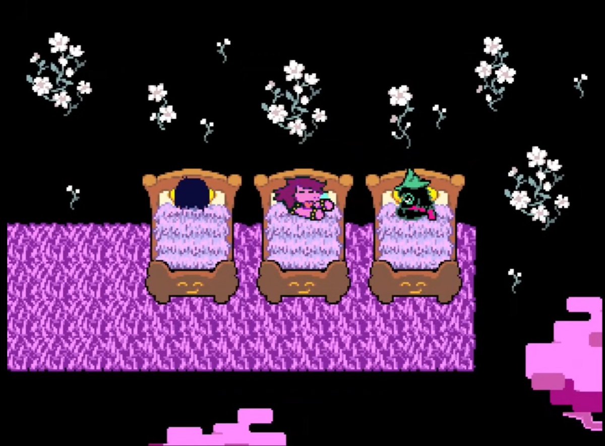 467Doggo's tweet photo. And the way he tuck the gang in beds or spare them instead of a regular game over makes flowery the only darkworld "ruler" who seems to be aware he's going against a bunch of kids https://t.co/2TOLthN0oG