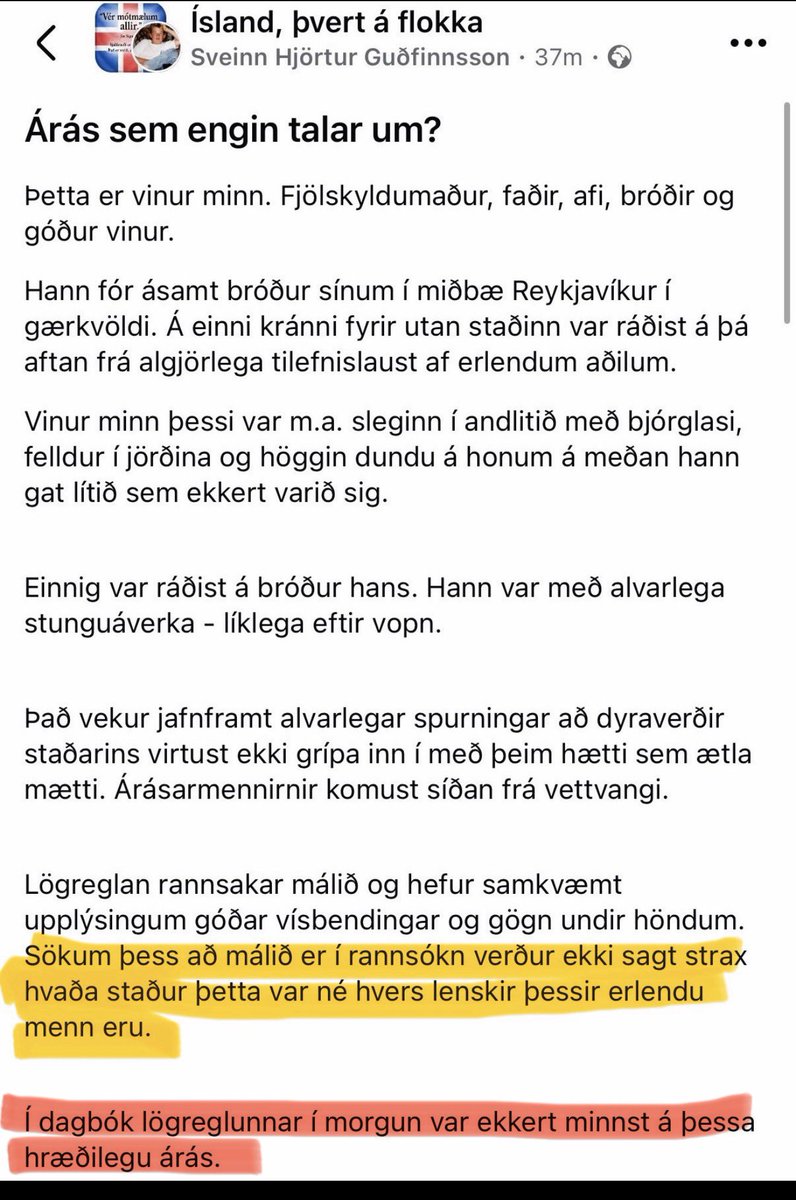 havamal23's tweet photo. Það hlaðast upp frásagnir sem innlendir fjölmiðlar þegja yfir, segja ekki að fullu frá.

Hvort sem eru atvik erlendis eða hérlendis, árásir innflytjenda eru að aukast og það er skipulögð þöggun.

Fjömiðlar halda okkur óupplýstum, verja glæpamennina sem eru að ráðast á Íslendinga. https://t.co/G1eCabFB7D