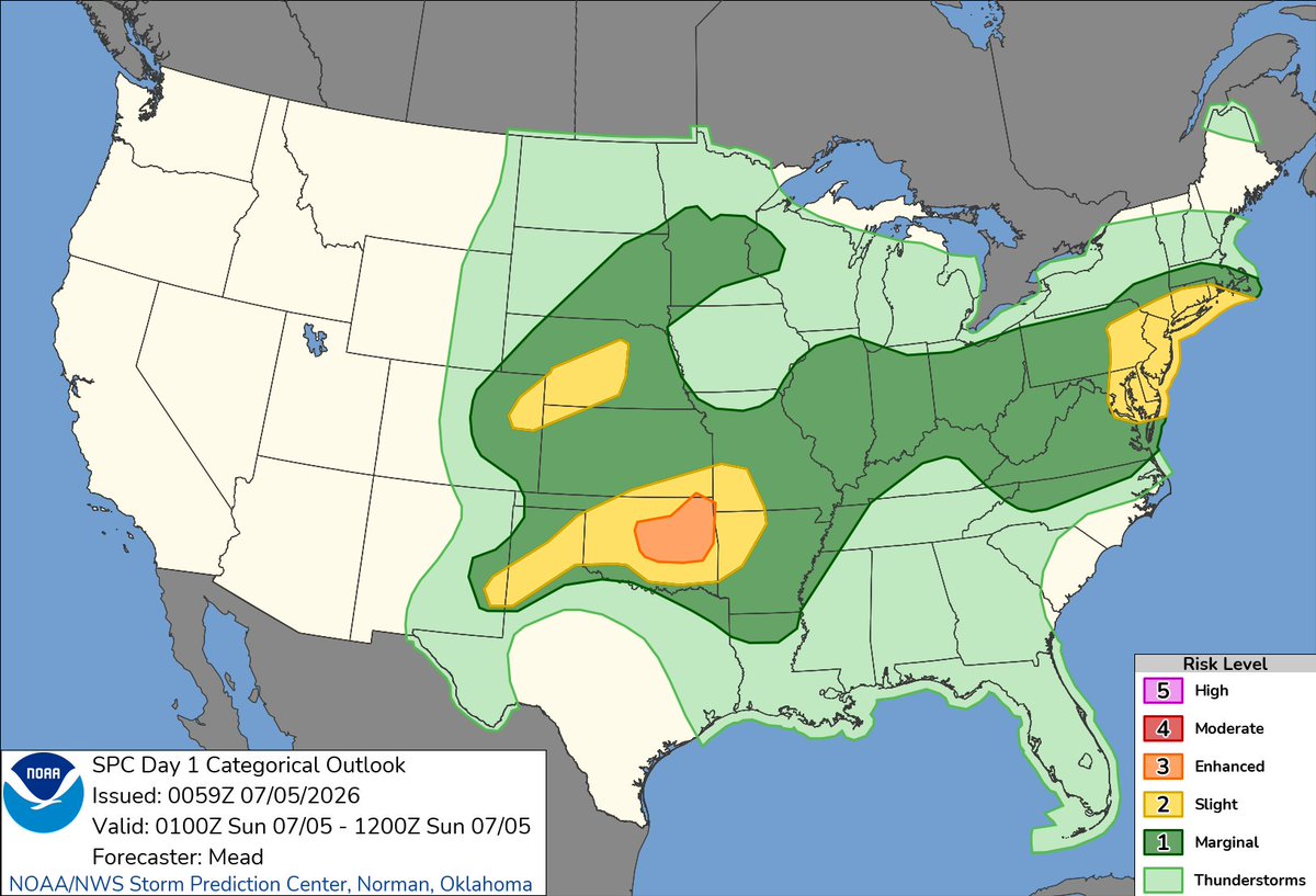 NWSSPC's tweet photo. 8:01pm CDT #SPC Day1 Outlook Enhanced Risk: over central and eastern Oklahoma https://t.co/TgJgC6cj9Y https://t.co/VdEOEMeM2b