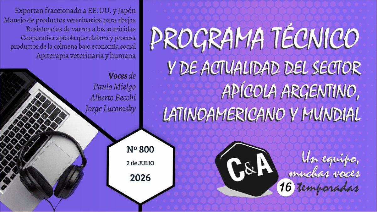 campoyabejas's tweet photo. 🐝 Programa 800 #CampoYAbejas
🍯Miel fraccionada a 🇺🇸 🇯🇵
🎙️Mielgo: resistencia de #Varroa y uso responsable de acaricidas
🍯Becchi: Cooperativa Pecoreo y Pan agrega valor
🌿Lucomsky: apiterapia: salud, dieta, cosmética
▶️https://t.co/BBKCaiubIG
#Miel #SanidadApícola #Apiterapia https://t.co/CAEqjPq3n0