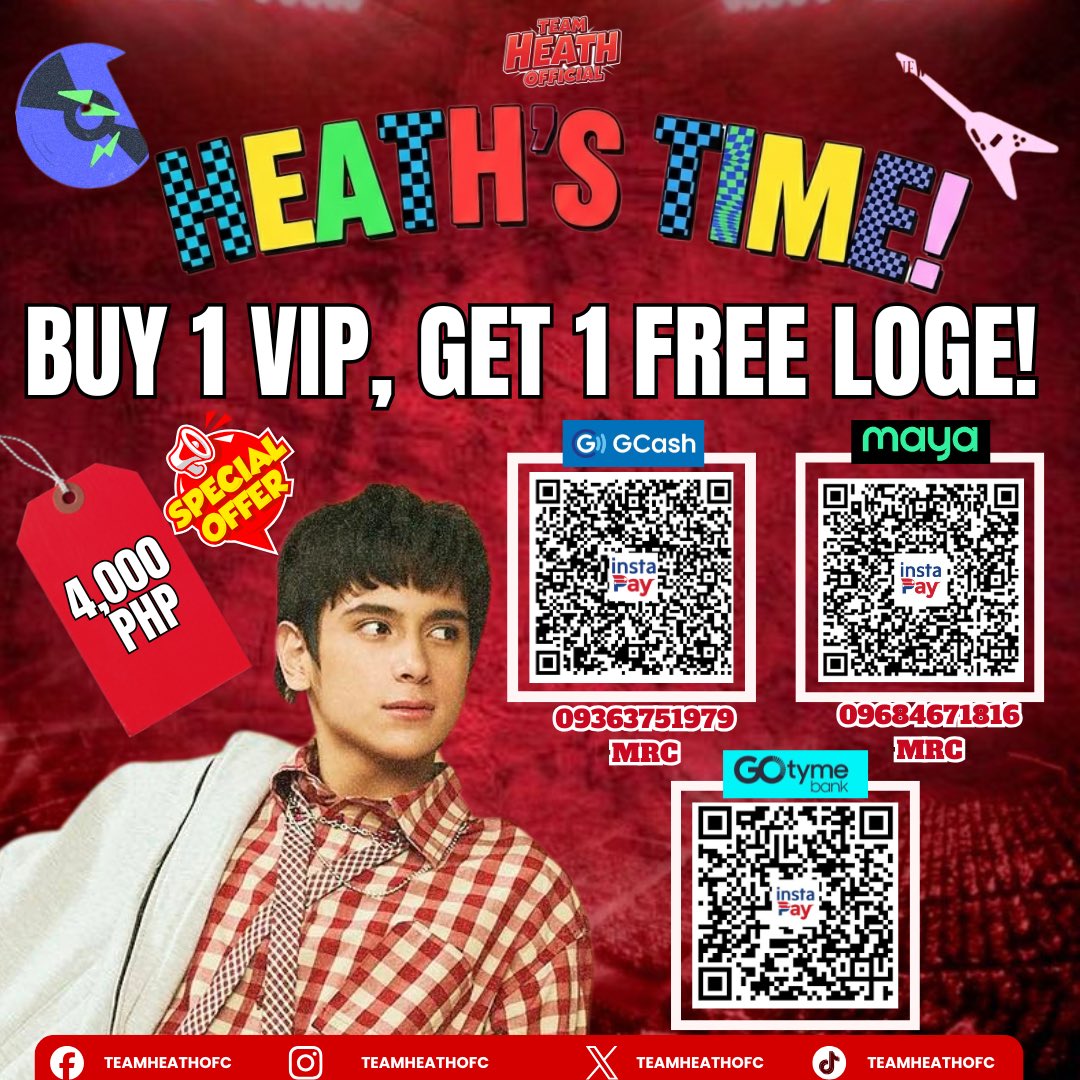 TeamHeathOfc's tweet photo. 🎸 HEATH’S TIME: Special Ticket Sale! 🎸

Buy 1 VIP, Get 1 FREE Loge!

This is your moment, Moyers and Buzzbears — your time to shine! 

For only ₱4,000, you can grab a VIP ticket and receive a FREE Loge seat, double the joy, double the love!

Grab your special discounted ticket today because every peso from this sale will be used to buy more regular tickets Heath’s Time.

Let’s open the doors wider, fill the seats fuller, and make Heath’s Time Concert a celebration of love and compassion. 

Scan the QR codes via GCash, Maya, or GoTyme Bank to join this heartfelt mission.

Together, we make every beat count because this is your time! 🎶

#HeathsTime
#HeathJornales