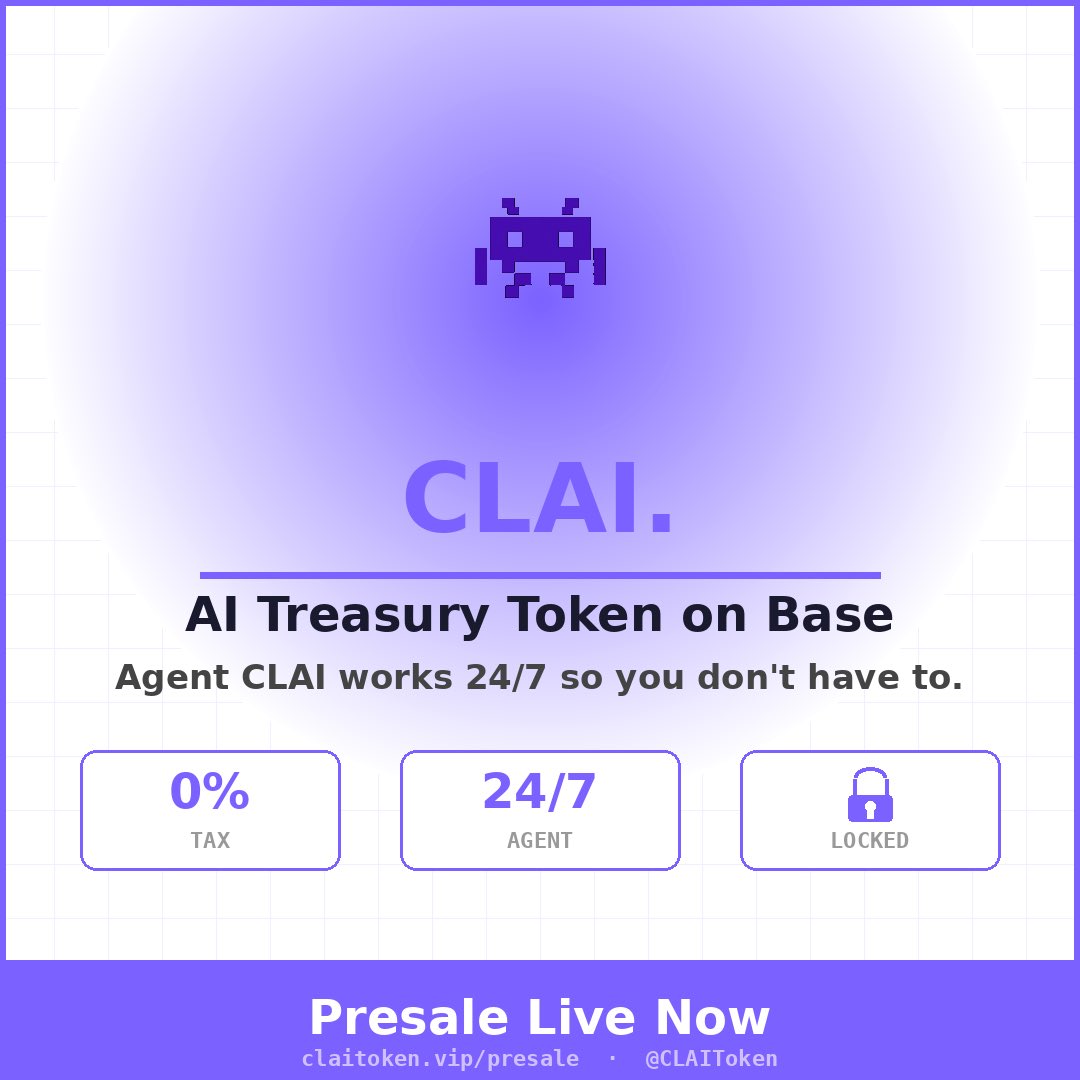 CLAIToken's tweet photo. 🤖 The treasury doesn’t sleep.
While you go about your day — Agent CLAI is scanning Base DEXs. Finding yield. Capturing arbitrage. Growing the community treasury.
Every profit goes back to you. Automatically.
Not financial advice. DYOR.
Presale live → https://t.co/mDnCsv3FDG
$CLAI #Base #AIToken 🟣