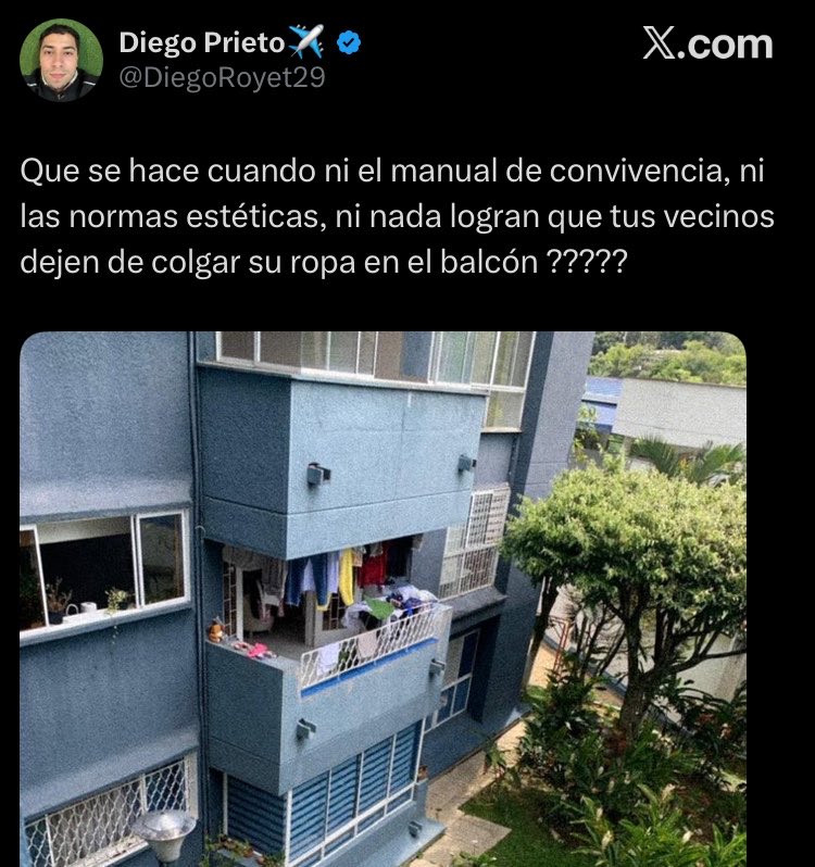 MarioRobertoP's tweet photo. Esto es arribismo y desafortunadamente ha calado en los reglamentos de los conjuntos residenciales en toda Latinoamérica. Colgar la ropa en sitios visibles, es solamente la vida pasando, no un crimen contra los vecinos. Quieren ser Venecia, pero en Venecia cuelgan la ropa afuera. https://t.co/Bu8j6FIZDH