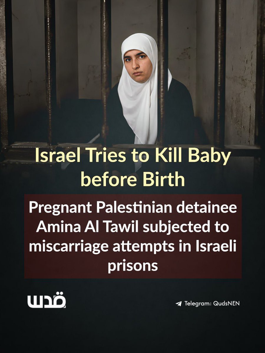 sahabatalaqsha's tweet photo. Ibu dari Amina Al Tawil—tawanan Palestina yang sedang hamil—mengatakan: "Saat saya mendengar suaranya, saya langsung tersadar.

Para serdadu bertanya kepadanya, 'Apakah ini ibumu?' Dia menjawab, 'Ya,' kemudian mereka langsung mematikan audio.

Saya mengalami kesulitan luar biasa untuk menghadiri sidang pengadilan agar dapat melihat putri saya, tetapi saat saya melihat sekilas dirinya di layar, mereka memutus siaran video. Kemudian mereka berjalan di depan layar sehingga saya tidak dapat melihatnya.

Hakim menolak untuk mengizinkan saya berbicara dengannya. Putri saya sedang mengalami upaya untuk memaksanya mengalami keguguran, dan tidak ada cara untuk menyelamatkannya."

@QudsNen
@sahabatalaqsha