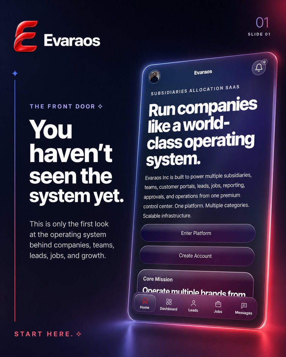 IneffableEnt's tweet photo. You’ve only seen the front door.

Evaraos is being built as the operating system behind companies, teams, leads, jobs, customers, communication, and growth—all connected through one evolving platform.

What you see here is only the visible layer. https://t.co/Qn14APYd5Y