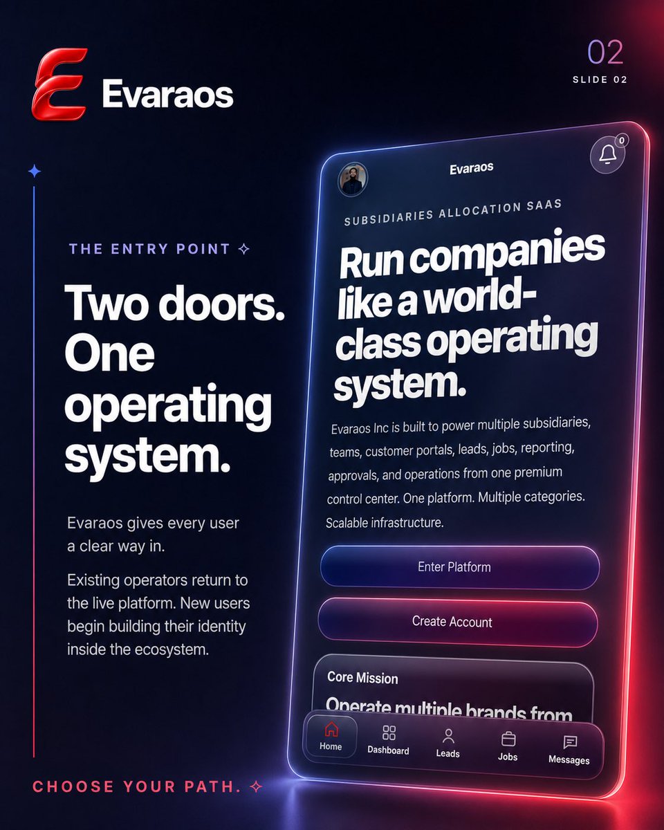 IneffableEnt's tweet photo. You’ve only seen the front door.

Evaraos is being built as the operating system behind companies, teams, leads, jobs, customers, communication, and growth—all connected through one evolving platform.

What you see here is only the visible layer. https://t.co/Qn14APYd5Y