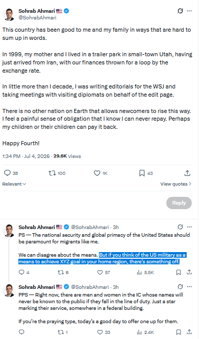 IranLionness's tweet photo. Here’s Sohrab Ahmari’s pathetic hidden message:

This clown wants America to leave the IRGC fully intact , a position he doubled down on after joining the NIAC and Quincy Institute.

he says in a second post-"But if you think of the US military as a means to achieve XYZ goal in your home region, there’s something off."