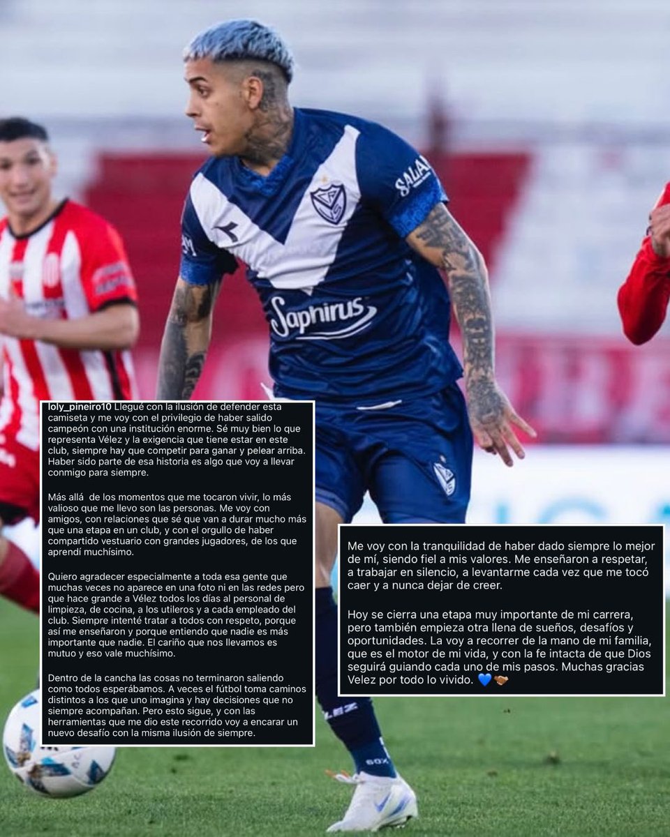 velezafondo's tweet photo. 💬 “LLEGUÉ CON LA ILUSIÓN DE DEFENDER ESTA CAMISETA Y ME VOY CON EL PRIVILEGIO DE HABER SALIDO CAMPEÓN”

➡️ Rodrigo Piñeiro se despidió de #Vélez junto a una extensa carta en sus redes sociales personales. 

🇺🇾 El uruguayo, que llegó por una cifra cercana a los USD $2.5M, se marchará libre al América Mineiro tras una rescisión de mutuo acuerdo con el club.

¡Éxitos, Loly! ✨