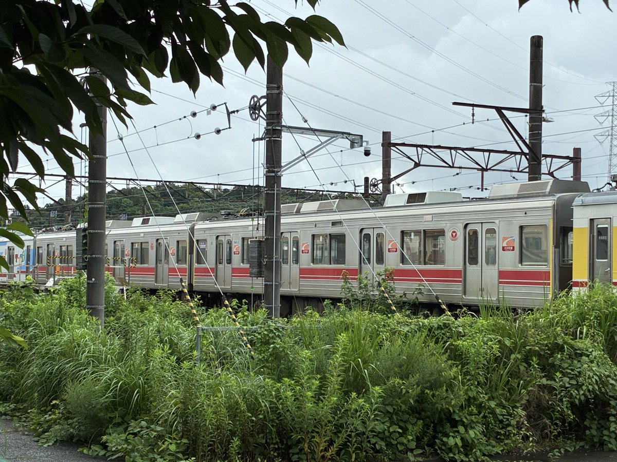 ITama7908's tweet photo. 渋谷寄りから7500-9411-9412-7550で居ました。機器類は草が邪魔でよく見えなかったがそのままの状態と思われる🤔小屋では16番側中にデハ9414が17番側外にデハ9410が居ました。室外機が気になるけどw https://t.co/tZfMlLBHei