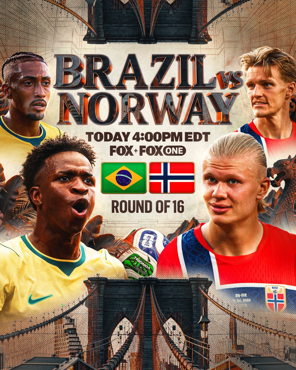 FOXSports's tweet photo. The Round of 16 delivers another can't-miss matchup: Brazil vs. Norway on FOX 🇧🇷🇳🇴 https://t.co/RDMW66Skth