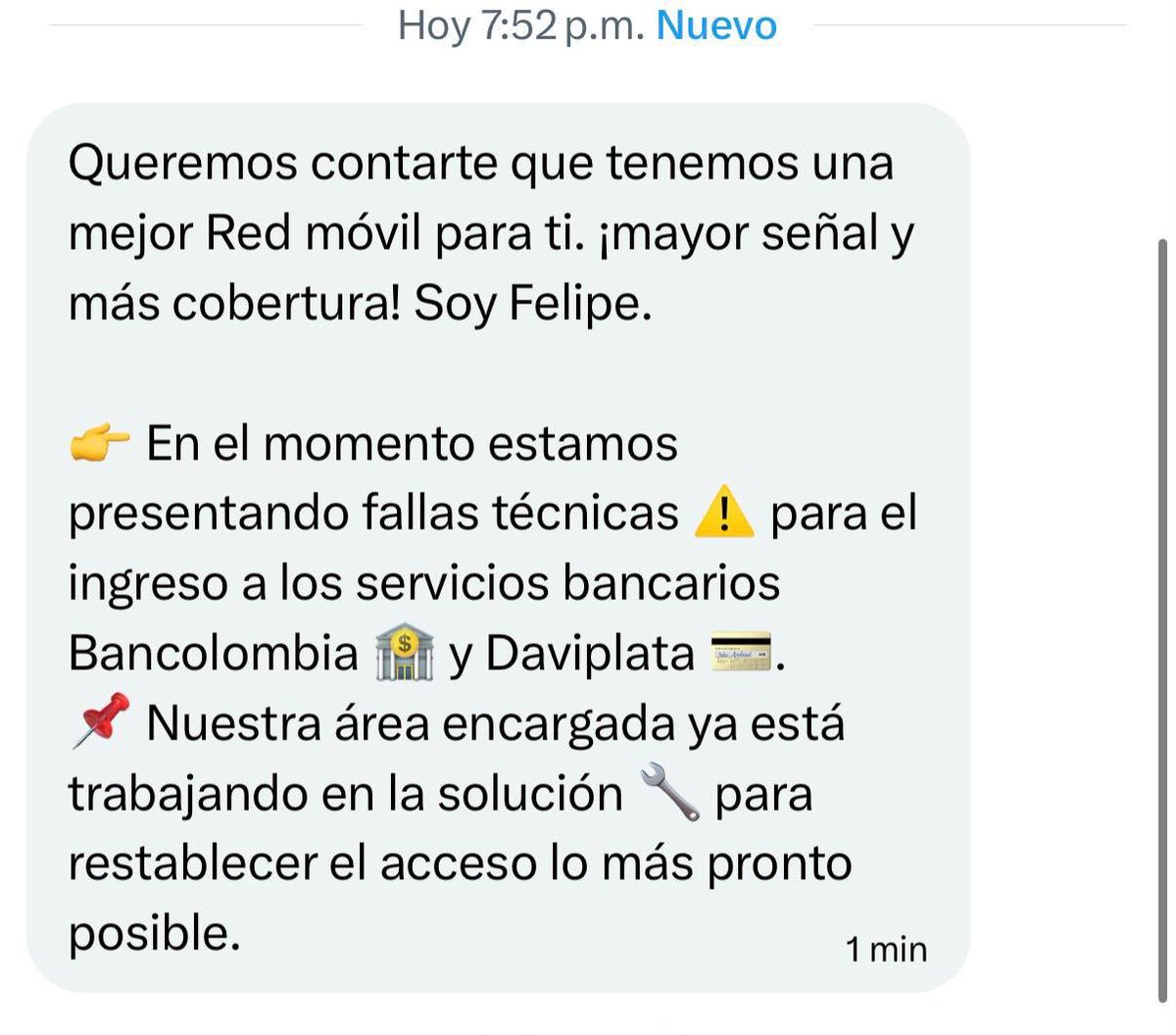 UltimaHoraCR's tweet photo. #ATENCIÓN | Usuarios de Movistar Colombia (@MovistarCo) reportan fallas para acceder a aplicaciones bancarias como Bancolombia y Daviplata usando los datos móviles del operador. 

Según los reportes, los servicios solo funcionan al conectarse a una red WiFi. 

Al comunicarse con el operador, asegura que ya trabajan en la solución de la falla técnica.

https://t.co/v2vIVVHFXe