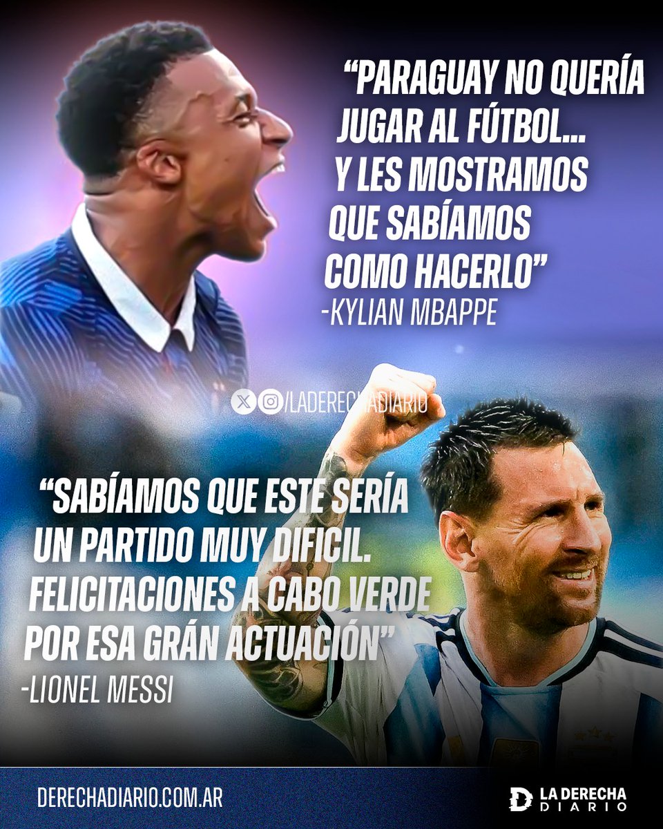 laderechadiario's tweet photo. 🚨🇦🇷🇫🇷 | LA DIFERENCIA ENTRE EL MEJOR Y UN SOBERBIO: Tras el triunfo de Argentina sobre Cabo Verde, Lionel Messi elogió a su rival y destacó el gran partido que hizo. Horas más tarde, luego de eliminar a Paraguay, Kylian Mbappé despreció a la selección guaraní al afirmar que "no quería jugar al fútbol".