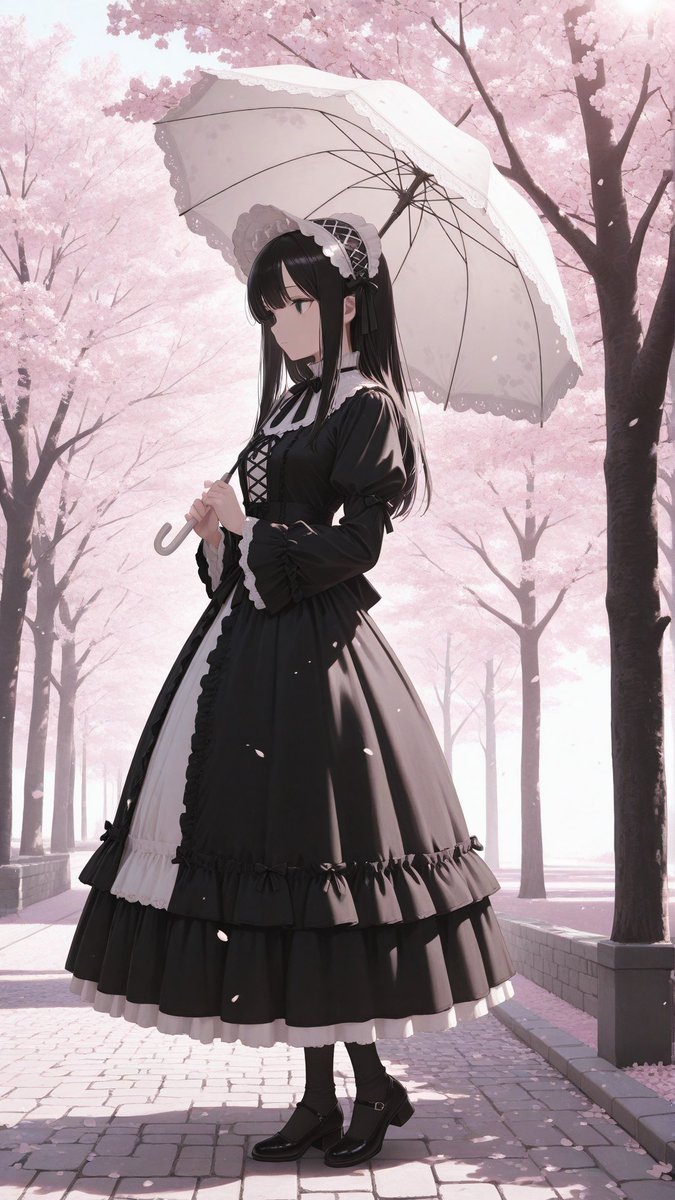 i214's tweet photo. Cherry blossoms frame a quiet path of cobblestones — a maid in black and white stands beneath the petals, lace at her collar, spring light caught in her hair.

#animegirl #maid #cherryblossom #sakura #animeillustration #Alart https://t.co/A6MSv2PYKG