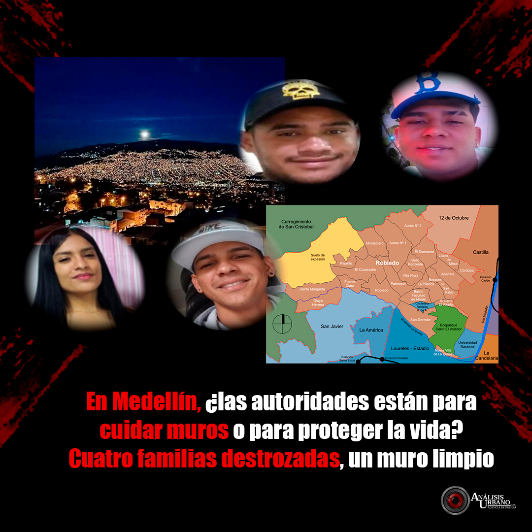 corpades's tweet photo. #MedellínSeRespeta gritan a los cuatro vientos. Muy bien. Medellín se respeta.

Para cuidar una ciudad como Medellín, las autoridades corrieron a impedir que apareciera un grafiti, pero no lo hicieron para evitar que desaparecieran cuatro personas.

En Robledo Aures, un grupo armado se llevó a cuatro jóvenes y los desapareció sin que el Estado lograra impedirlo. Ah, pero ese Estado si logró desaparecer un grafiti. La vida debe ser siempre la prioridad.

Esperen mañana un informe completo de cómo desaparecen cuatro jóvenes en la "ciudad segura" de Medellín, la institucionalidad lo ocultó.  Desenterramos esta realidad.

Una joven colombiana, madre de una niña, y tres jóvenes venezolanos, desaparecieron forzadamente y a nadie de la institucionalidad le importó. 

¿¡Todavía se atreven a decir que: Medellín se respeta!?

@FunSumapaz @roures1 @seguridadmed @PoliciaMedellin @DefensoriaCol @PGN_COL @ABDELAESPRIELLA @petrogustavo @DirectorPolicia @ONUHumanRights @Indepaz @AquinoTicias1 @leonardonzalez @luisyepesb @ramirociencia @CIDH