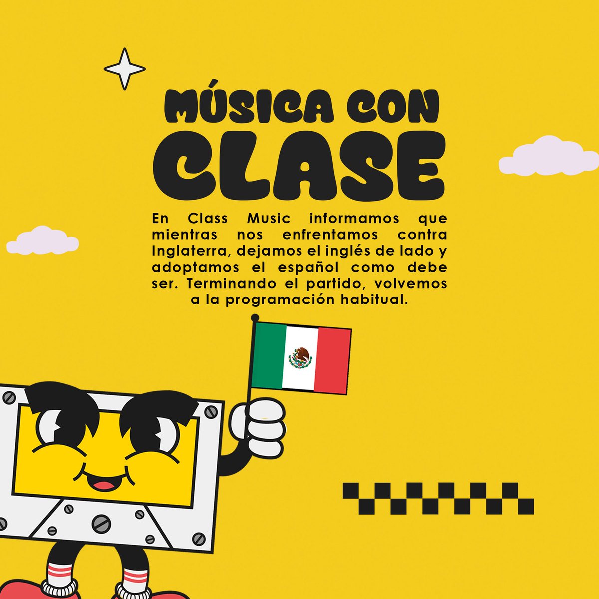 ClassMusic's tweet photo. Solo por este fin de semana (y hasta que termine el partido estelar del domingo):
No somos Class Music, somos Música con Clase.
Y después del México-Inglaterra volvemos a la programación habitual.
#vamosmexico #musicaconclase #mexico #clasmusic 🇲🇽⚽️🏴󠁧󠁢󠁥󠁮󠁧󠁿 https://t.co/3ovva0VgQF