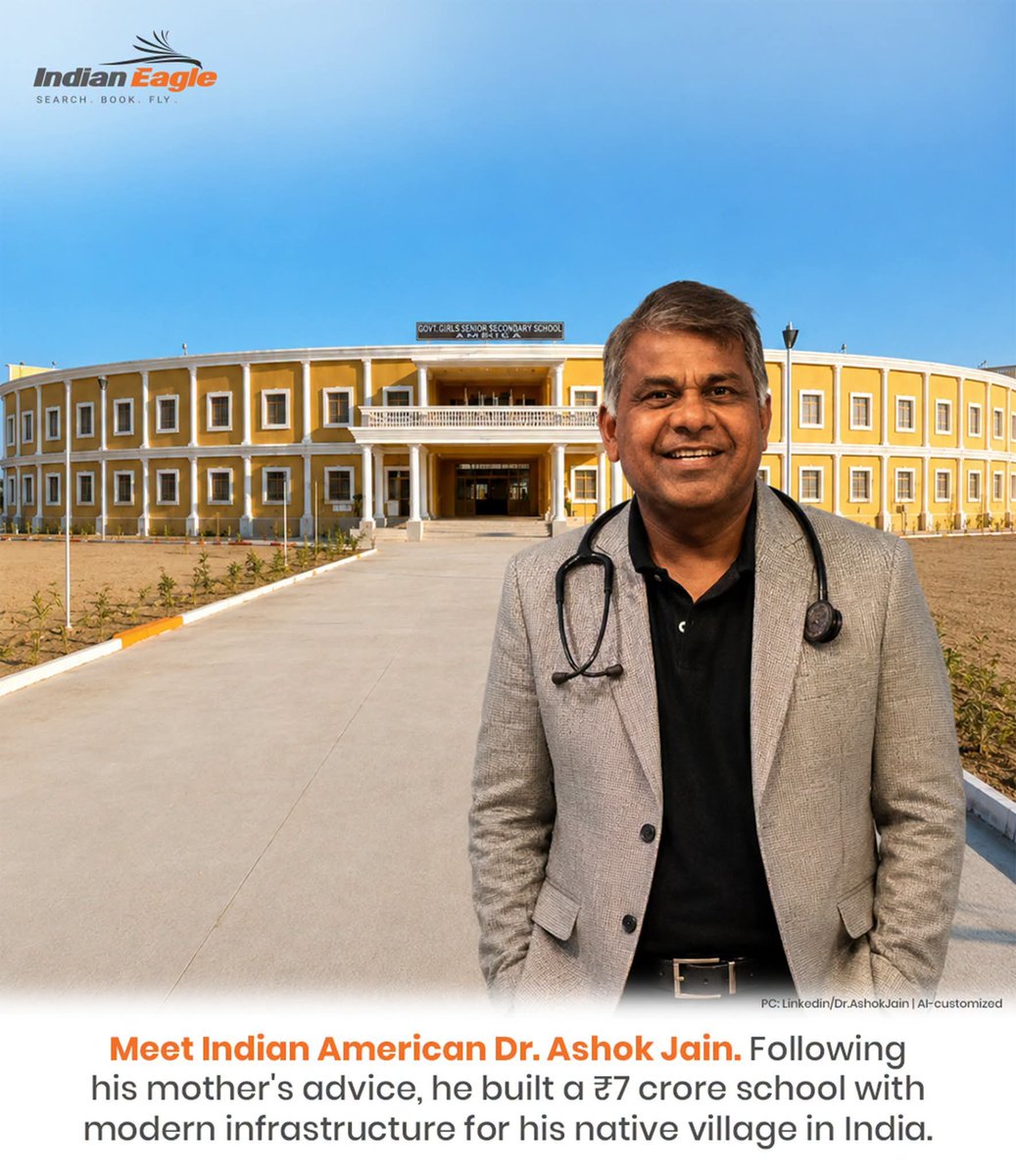 AnanthOnTrack's tweet photo. When US-based doctor Ashok Jain visited his childhood school in India in 2020, the principal asked if he could help build a classroom for the students. He happily agreed. But when he shared the idea with his mother, she asked, "What will happen with one room?" Her question inspired Ashok to build an entirely new school for the village instead. Nearly six years later, the ₹7 crore school opened its doors to students in early 2026. Dr. Jain is also honoured with the Bharat Gaurav Award 2026 for his contributions to child healthcare and philanthropy.

Dadal village in Rajasthan is the hometown of doctor and healthcare entrepreneur Ashok Jain. He studied at the village school in the early 1970s, when there were no proper classrooms and children often learned under a tree. His family later shifted to Bengaluru, where Ashok completed the rest of his education. In the mid-1990s, he moved to the US, began his medical career in Chicago in 1998, and later settled in North Carolina. There, he founded KidzCare Pediatrics, which has grown into one of the state's largest pediatric healthcare networks. He also established the 200-bed hospital in Bengaluru.

On 26 January 2020, he was invited as the Republic Day chief guest to his village school. He returned to the school nearly after 40 years, and was saddened to find that many children were still studying in similar conditions. It was during this visit that the school management requested his help. The school project soon became a family dream. Jain's elder brother, Jeetmal Jain, fully supported the idea, and after his mother passed away in 2022, his wife encouraged him to begin construction, reminding him that "education is the greatest charity."

Construction began in 2023, and the whole village came together to make it possible. A local Rajput family even donated three bighas (about 2 acres) of land for the campus expansion. Built in memory of his parents, the new campus, named Shantidevi Chatarmalji Jain Government High School, is designed with architecture inspired by India's Parliament House and can accommodate nearly 1,200 students. It features spacious classrooms, computer labs, a skill development centre, sports courts, a playground, and an open gym.

Story courtesy, @indianeagle!

#IndianAmerican #givingback #EducationMatters #inspiring #RajasthanNews #philanthropy