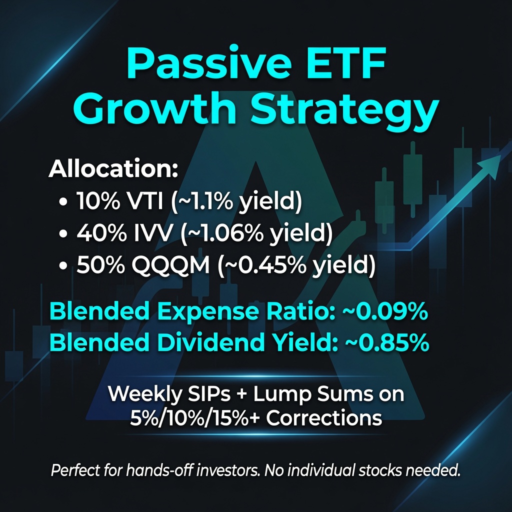 TheAsoZone's tweet photo. Low-Cost ETF Strategy (No Stock Picking Needed)  10% $VTI  (~1.1% yield)
40% $IVV  (~1.06% yield)
50% $QQQM  (~0.45% yield)  

Blended: 0.09% fees | ~0.85% yield  

Weekly SIPs + lump sums on 5/10/15% dips.  
Great for hands-off long-term growth! https://t.co/eaFEIiRFvJ