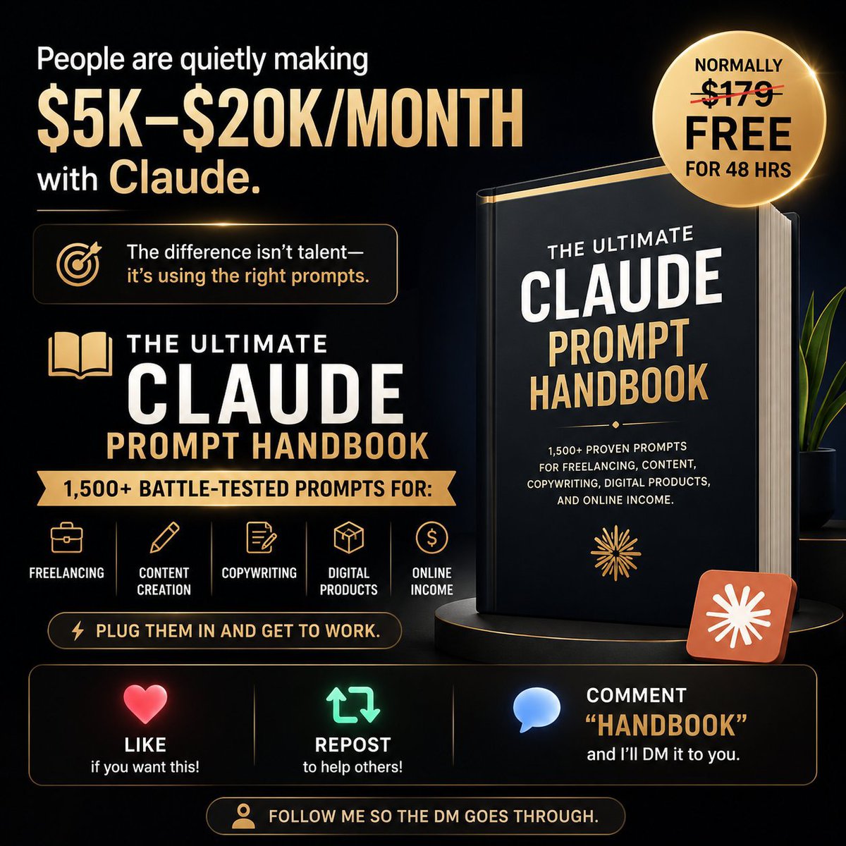fyp_foryoupage's tweet photo. People are quietly making $5k–$20k/month with Claude.
The difference isn't talent—it's using the right prompts.
📘 The Ultimate Claude Prompt Handbook 1,500+ battle-tested prompts for: • Freelancing • Content creation • Copywriting • Digital products • Online income
Just plug them in and get to work.
Usually $179 — FREE for the next 48 hours.
❤️ Like 🔁 Repost 💬 Comment "Handbook" and I'll send it to you via DM.
Follow me so I can message you.