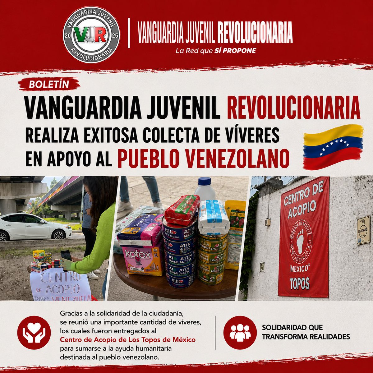 VJR_2025's tweet photo. VANGUARDIA JUVENIL REVOLUCIONARIA REALIZA EXITOSA COLECTA DE VÍVERES EN APOYO AL PUEBLO VENEZOLANO

Consulta el boletín completo aquí: https://t.co/7CVi5Gc5Jm https://t.co/deuoPl3DEp