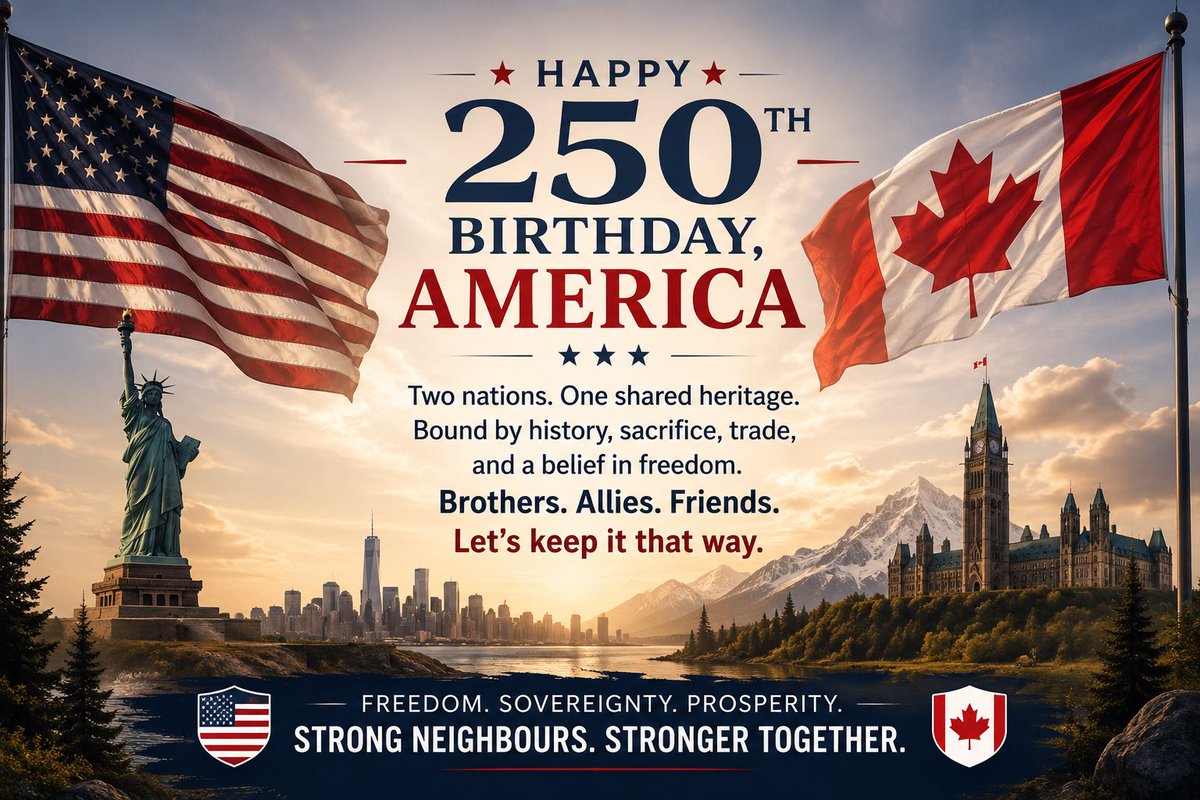 peoplespca's tweet photo. Happy 250th Birthday, America!

Two hundred and fifty years ago, a group of ordinary people stood up to an overreaching government and declared that our rights come from God—not from politicians.

That simple idea changed the world.

While governments across the West continue to grow larger, spend more, regulate more, and take more of our freedoms, America’s founding principles remain a powerful reminder that liberty—not bureaucracy—is the foundation of a prosperous nation.

Canada and the United States have long shared more than the world’s longest undefended border. We have been bound together by history, sacrifice, trade, and a common belief that free people—not powerful governments—build strong nations. Ours has been one of the closest friendships the world has ever known.

As Canada drifts further from those founding principles, we hope to see our country once again embrace the ideals of freedom, limited government, personal responsibility, and national sovereignty that made both of our nations strong.

Congratulations to our American friends on this remarkable milestone. May the next 250 years continue to inspire all those who believe that liberty is worth defending.
