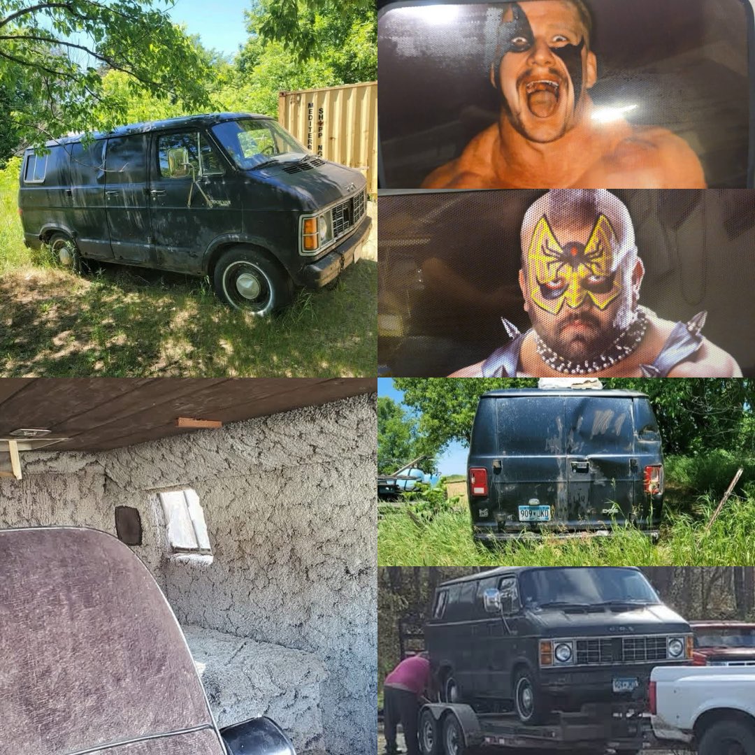 BookProWrestler's tweet photo. After Road Warrior Hawk passed away, Paul Ellering told his wife, “We’ve got to get the old van running again.” They drove it to Hawk’s funeral.

Today, that same van—the one that carried Paul, Hawk, Animal, and so many wrestling legends across the country—is being painstakingly restored by my friend Mike Rose.

Some vehicles have history. This one helped carry wrestling history.