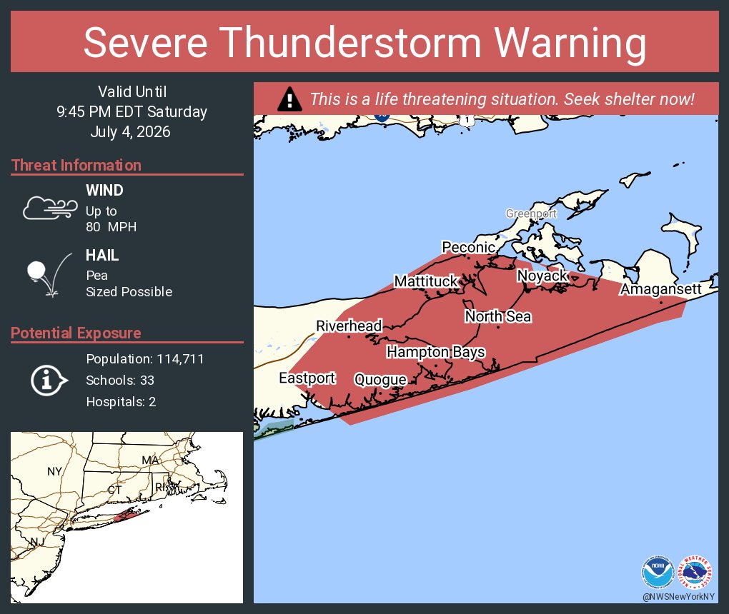 NWSNewYorkNY's tweet photo. Severe Thunderstorm Warning continues for Hampton Bays NY, Riverhead NY and  East Quogue NY until 9:45 PM EDT. This destructive storm will contain wind gusts to 80 MPH! https://t.co/rBpU1EEROw