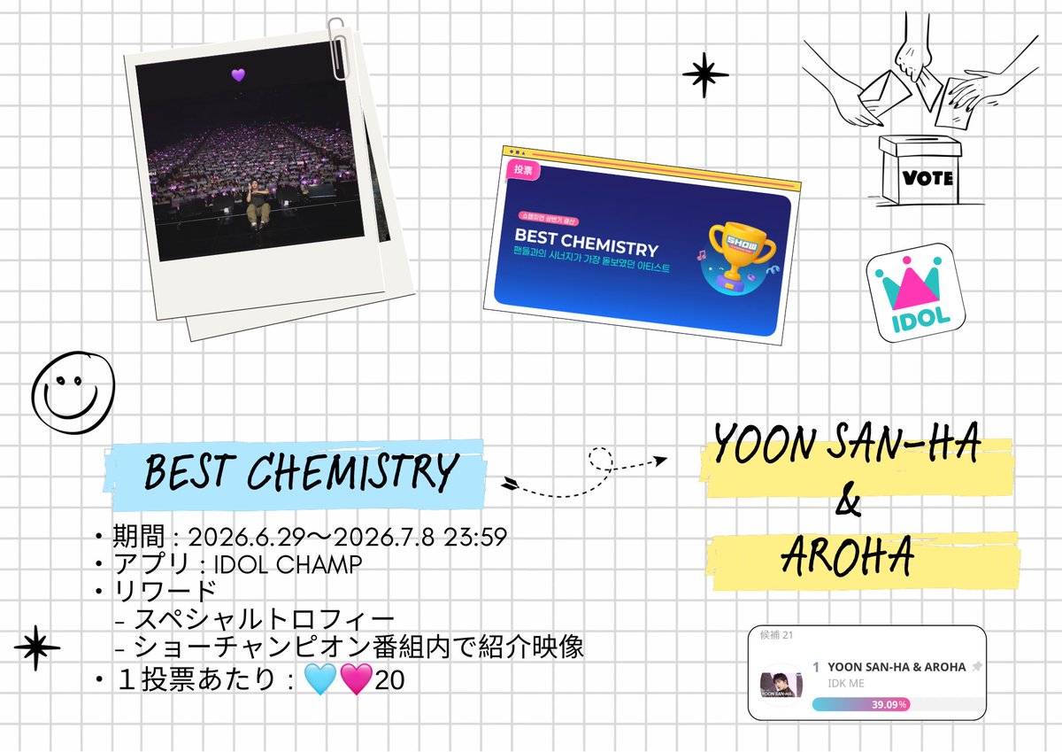 astro_6star_'s tweet photo. ［🗳️投票］
\\ ᝰ✍︎꙳⋆ユンサナとAROHAの絆に投票✨//

IDOL CHAMP " BEST CHEMISTRY"
▶︎YOON SANHA & AROHA(現在1位)

🏆詳細
・期間: 2026.6.29 〜 2026.7.8 23:59
・アプリ : IDOL CHAMP 1票20🩵🩷
・勝者特典 : 
　スペシャルトロフィー
　Show Champion内での紹介映像

🔗 https://t.co/7vpT2SuVl0 

📝ガイドはリプ欄へ

#ASTRO #YOONSANHA
#윤산하_NoReason_IDKMe
#YOONSANHA #윤산하 #IDK_ME