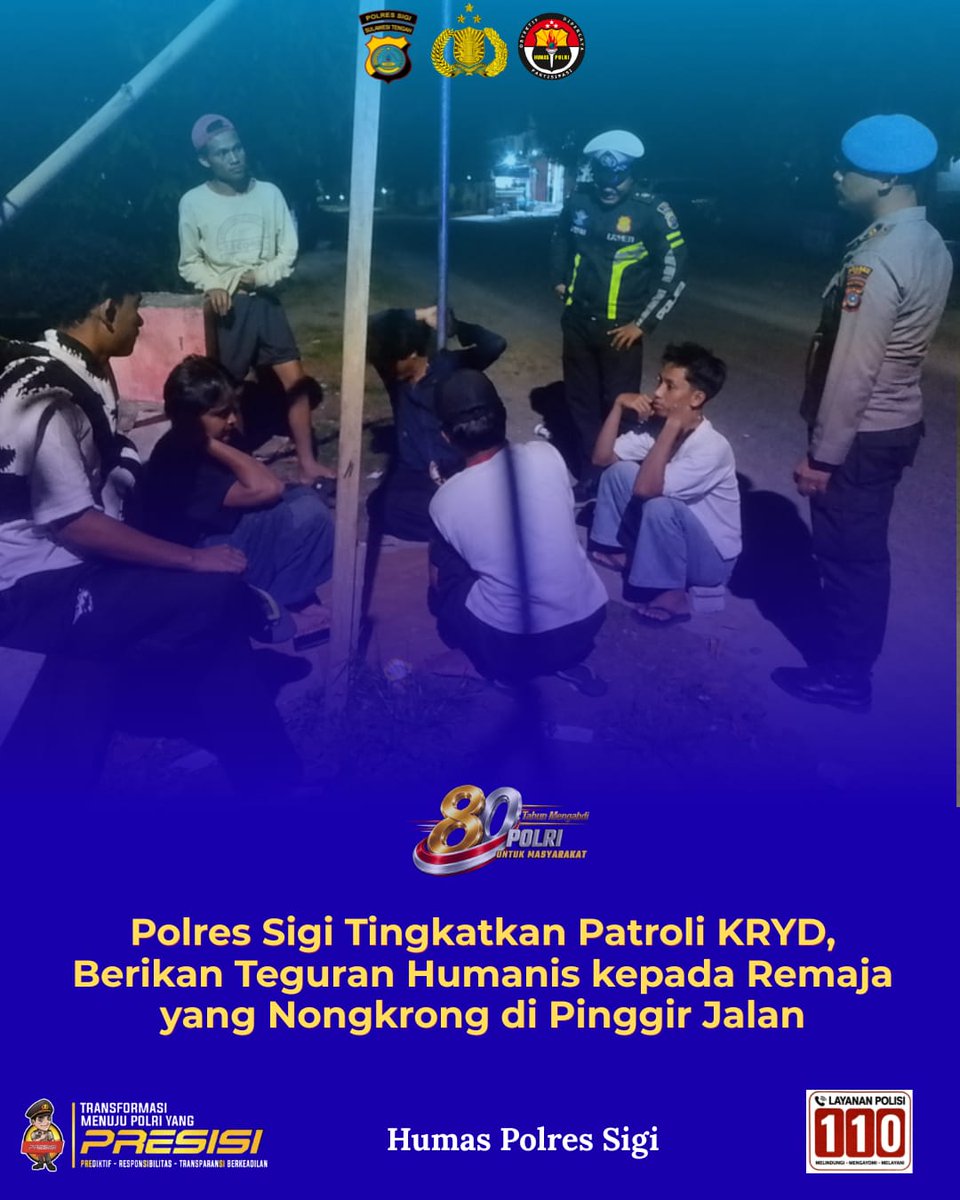 HumasSigi's tweet photo. Personel Polres Sigi terus mengintensifkan Patroli Kegiatan Rutin yang Ditingkatkan (KRYD) pada jam-jam rawan,
Saat melaksanakan patroli, personel menjumpai sekelompok remaja yang masih berkumpul di pinggir jalan pada malam hari. Dengan pendekatan yang humanis. https://t.co/ZXkL24W6vP
