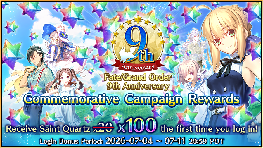 FateGO_USA's tweet photo. Thank you for joining us on this 9-year journey, Masters. To show our appreciation, we're gifting 100 Saint Quartz! Claim them from your Present Box when you first log in by 07/11!

More info ➡️ https://t.co/HVtRz13jUp
#FateGOUSA https://t.co/omg4Y8LM8N