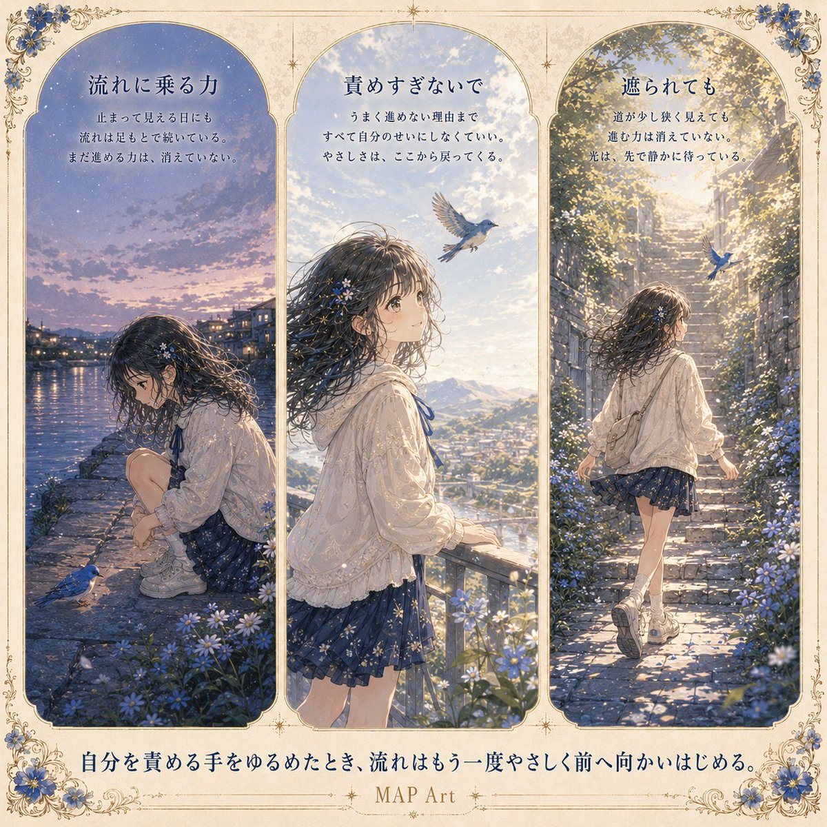 mindlog_mapai's tweet photo. MAP Art
「自分を責める手をゆるめたとき、流れはもう一度やさしく前へ向かいはじめる。」
止まって見える日も、
流れは足もとで続いている。
全部自分のせいにしなくていい。
3枚のMAPから生まれた作品です。
#MAPArt #MindLog https://t.co/1OaHGHx2vz