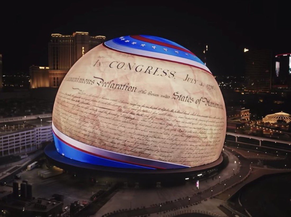 townhallcom's tweet photo. The Sphere in Las Vegas displaying the Declaration of Independence

You love to see it🇺🇸 https://t.co/ZMUFlFQzub