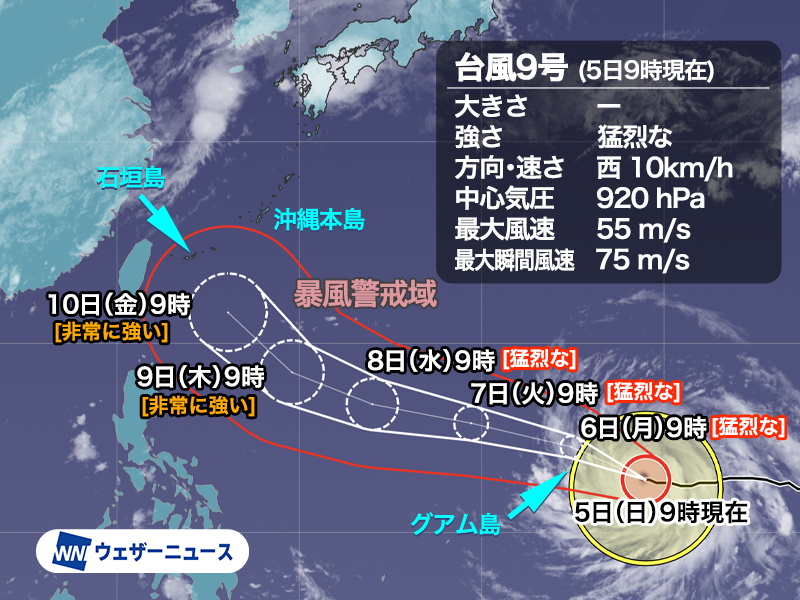 wni_jp's tweet photo. 【台風情報】
7月5日(日)9時現在、猛烈な台風9号(バービー)はマリアナ諸島近海を西進し、明日6日(月)にかけて勢力のピークでグアム島やサイパン島などに最接近する見込みです。
週後半はやや北寄りに進路を変え、沖縄に影響が出てくるとみられます。
https://t.co/Do5Eq44rdX https://t.co/rBH45ZkodV