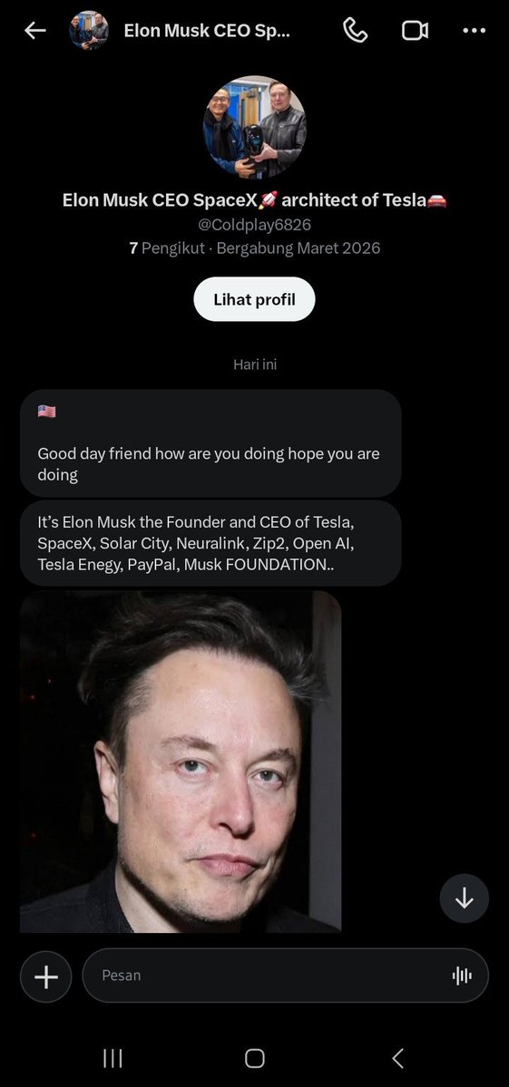 chisadleo's tweet photo. Masa tiba2 di dm elon musk kw 😂🤣 https://t.co/CQ36JOSFTV