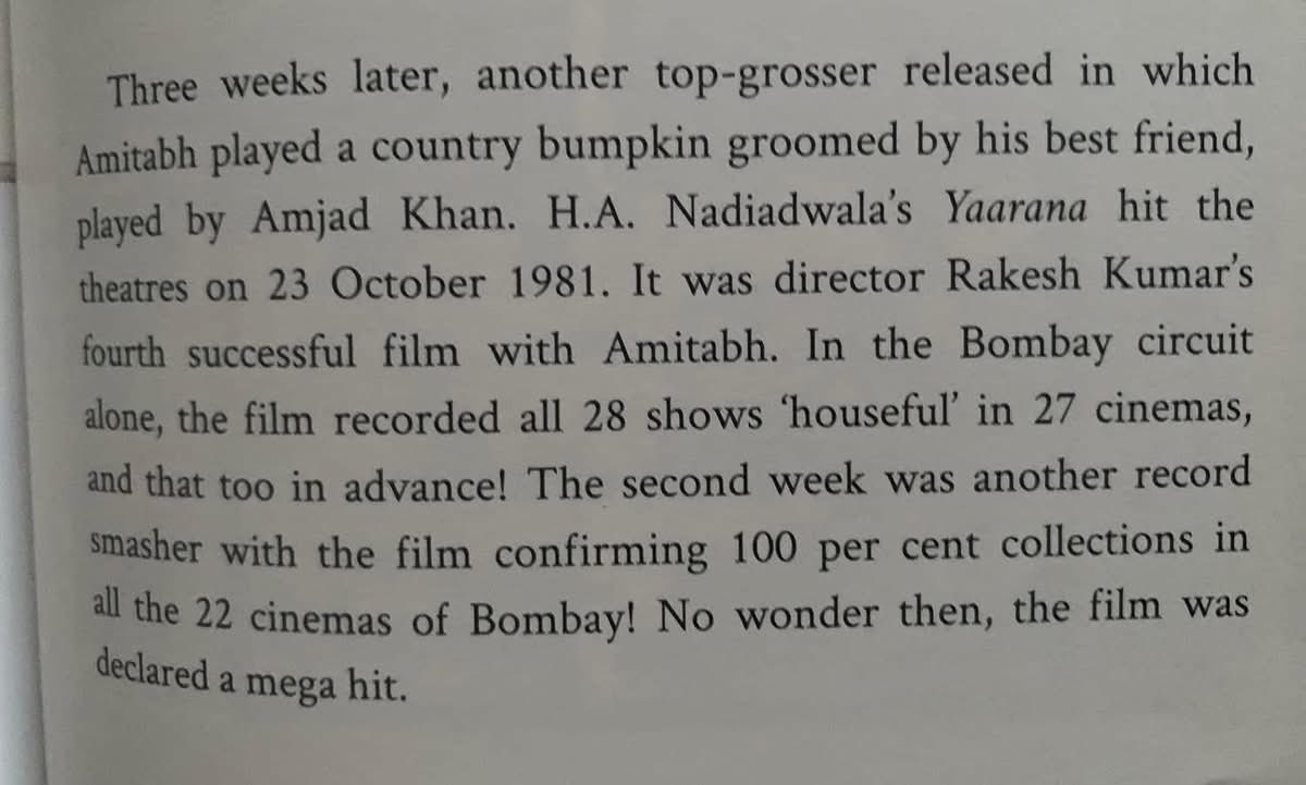 ashoksingh68's tweet photo. Whenever #yaarana releases, it opens to a bumper response. 100% collections in Pan India in 1981. (2 weeks of 100% collections in Bombay). Revivals in multiple screens in 1990. Added shows in 2026! #AmitabhBachchan #IndianCinema #bollywood @SrBachchan https://t.co/vP8KKe5a7A