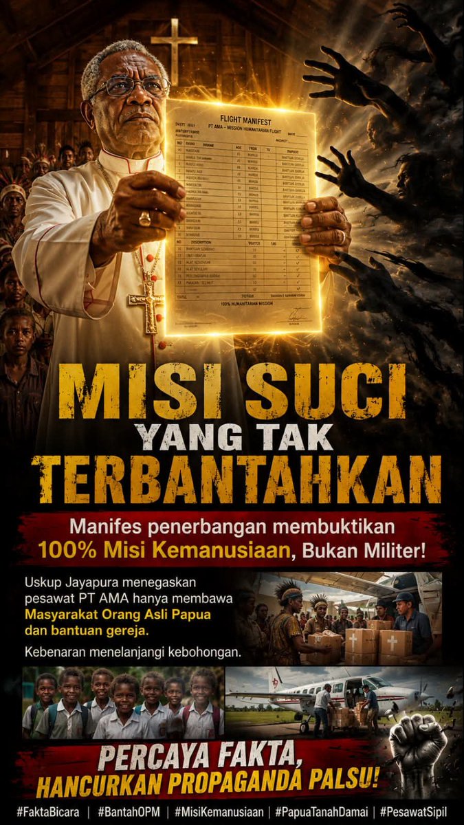 KagoyaSilas's tweet photo. MISI SUCI YANG TAK TERBANTAHKAN MANIFES PENERBANGAN MEMBUKTIKAN 100% MISI KEMANUSIAAN, BUKAN MILITER

#kkb #TPNPB-OPM #PapuaPegunungan #PapuaIndonesia 
#papua #Pilot #pilotamerika #PTAMA #separatis #yahukimo https://t.co/85TO6p7H4j