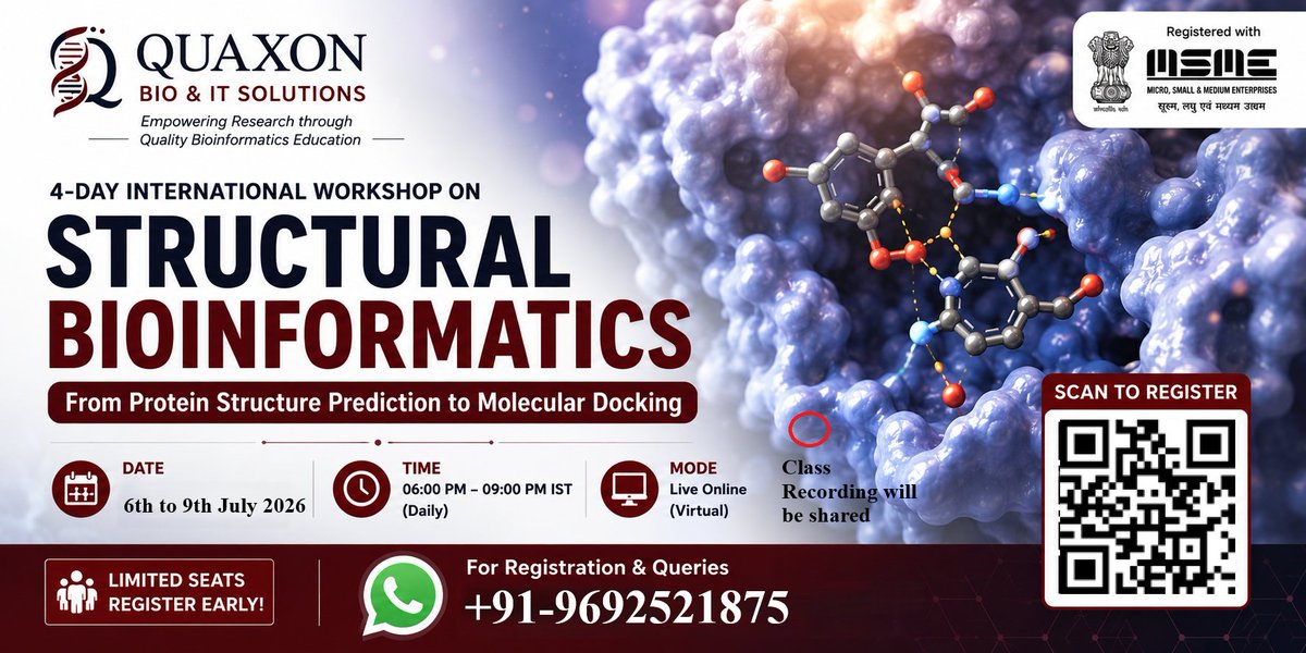 Quaxonbiits's tweet photo. https://t.co/oWBOgGOIiz
4 Day virtual workshop on Structural Bioinformatics || 6th to 9th July 2026
#viral #bioscience #lifescience #biochemistry #Botany #zoology #microbiology #MSCBIOTECH #India #Students #sciencenews https://t.co/3kJFQJIhBH