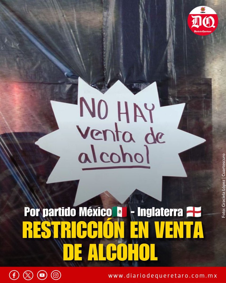ElSoldeSnJuan's tweet photo. 🍺 Si pensabas comprar algo para ver el México 🇲🇽 🆚 🏴󠁧󠁢󠁥󠁮󠁧󠁿 Inglaterra, hazlo con tiempo, la venta de alcohol en envase cerrado se suspenderá a las 5 pm de este domingo.

➡️ https://t.co/veisqyXuWY 
📷 Cuartoscuro https://t.co/ugyK3bPvNl