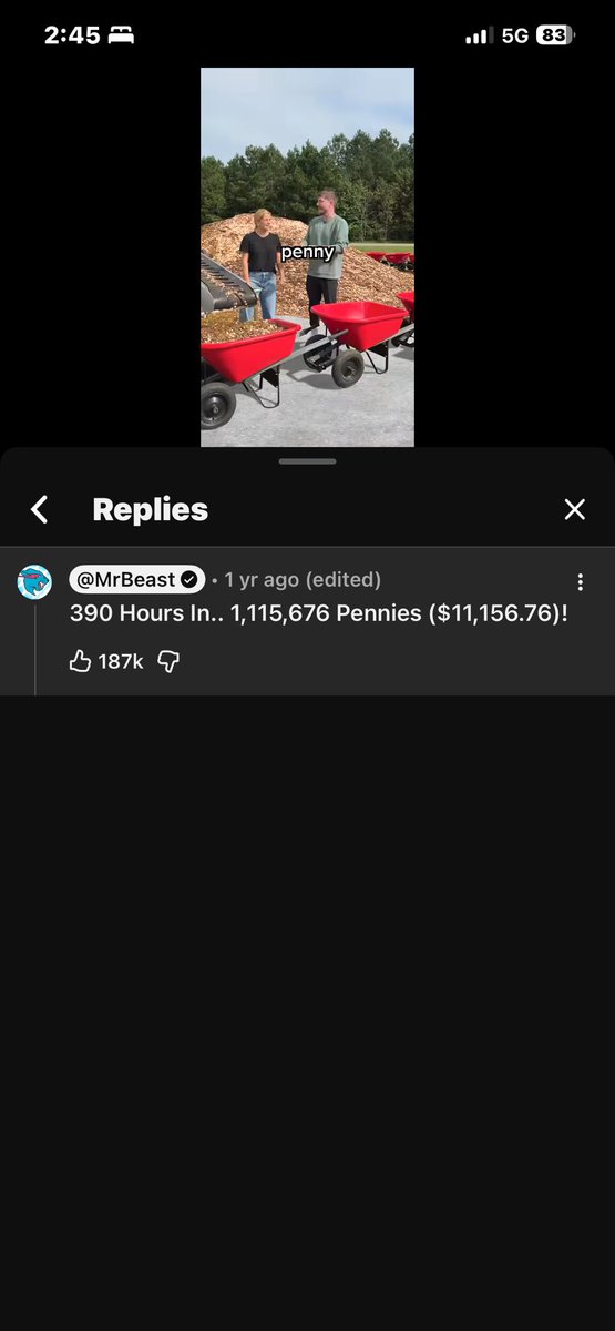 triple_eeS's tweet photo. @MrBeast saw this on mr beast page, lol 😂, 1,115,676 pennies.. https://t.co/43ndt6Ymli