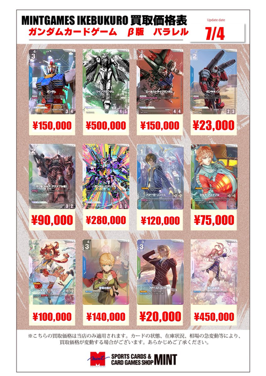 ガンダムカードゲーム　GCG　パラレルまとめ売り　纏め売り 買取情報】 #ガンダムカードゲーム #GCG β版パラレルの買取表を更新