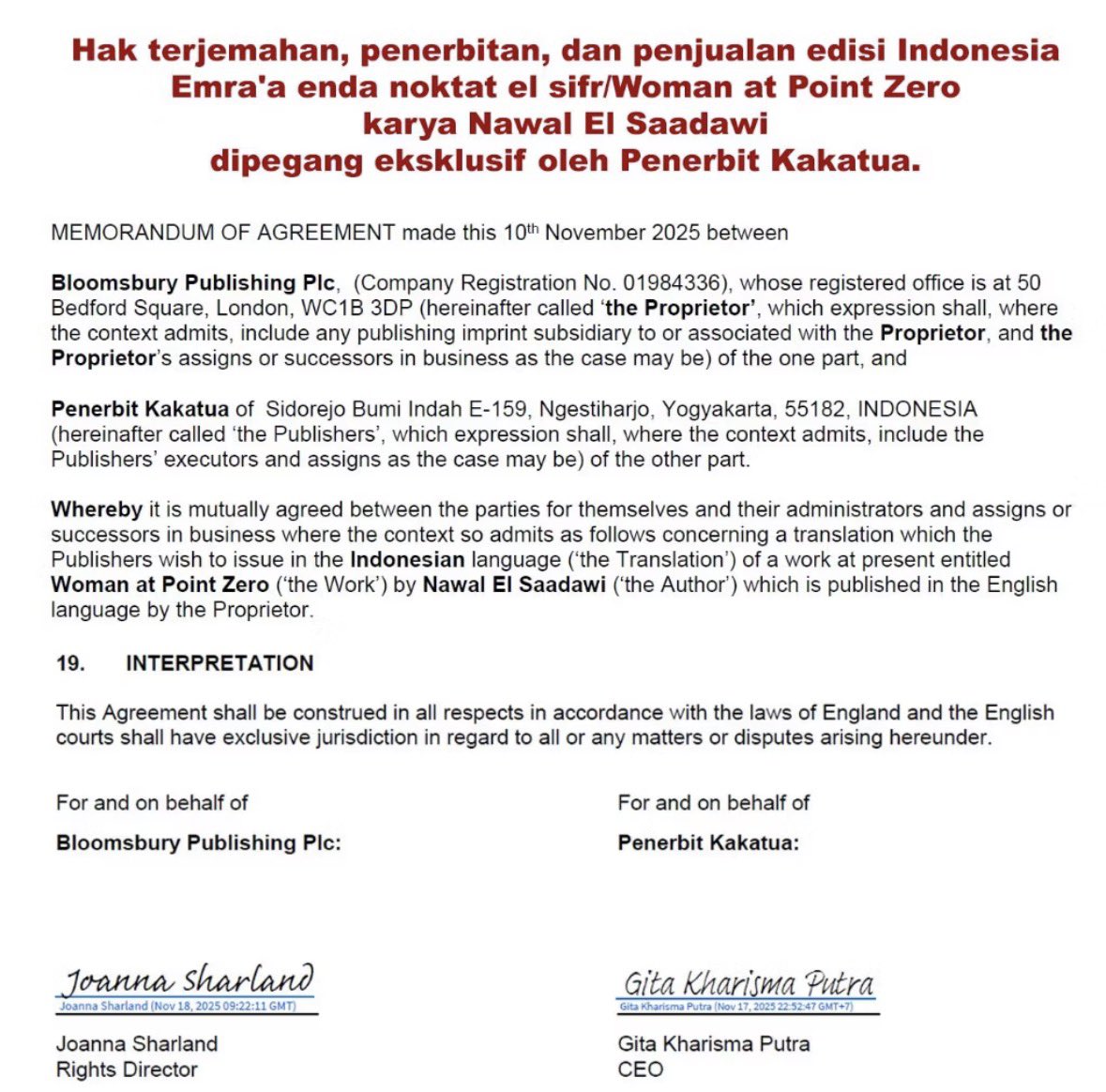 txtfrombook's tweet photo. Ini berarti terjemahan Perempuan di Titik Nol terbitan Pustaka Obor termasuk illegal sekarang yaa? 🤯

Soalnya Kakatua resmi punya hak terjemahan ekslusifnya https://t.co/oBxvoEDXgF