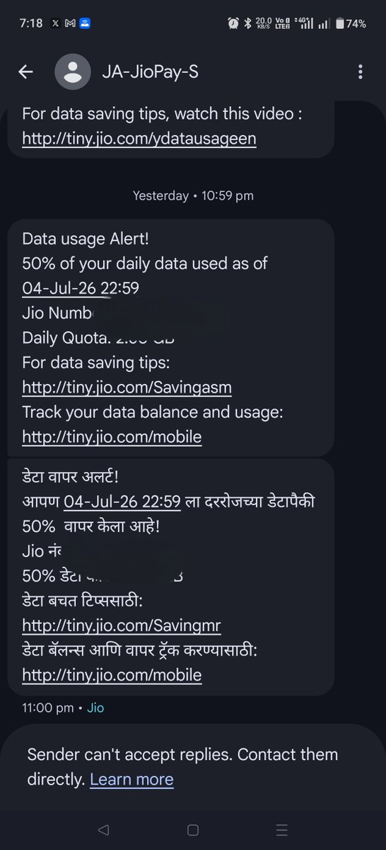 ideepakb's tweet photo. @JioCare @reliancejio already receiving sms in English language, how to stop SMS in Marathi language they are duplicate and spam in nature... https://t.co/QGRUoiApmK