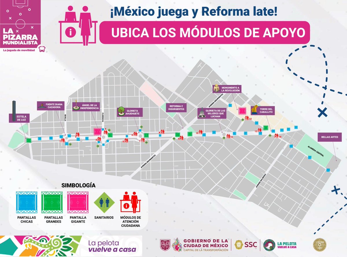 OVIALCDMX's tweet photo. ⚽ | ATENCIÓN AFICIÓN 📢

¿Vienes a Reforma por el #Mundial? Ubica aquí los módulos de atención ciudadana, pantallas y sanitarios.

14 puntos de apoyo desde Estela de Luz a Bellas Artes para que disfrutes seguro.

#LaPizarraMundialista #GobCDMX #SSC https://t.co/9LZF7r51fF