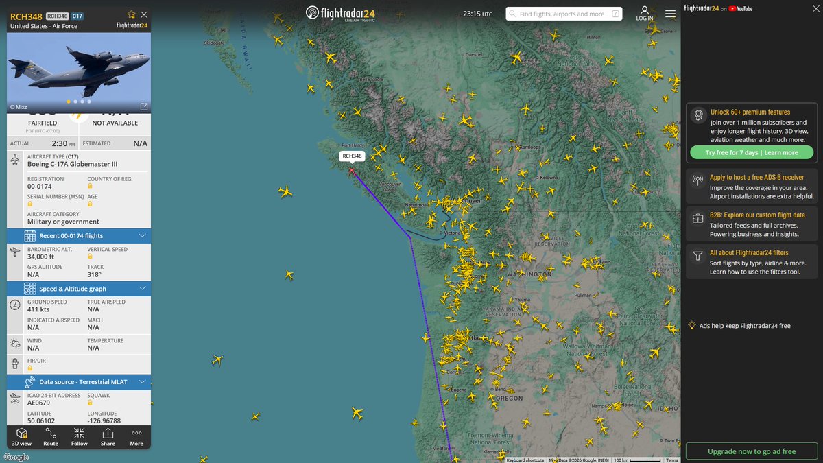 AIYeyENGDdJkjTr's tweet photo. July 5, 2026
#Fairfield Travis Air Force Base ==> #Anchorage Elmendorf Air Force Base

#RCH348 #AE0679 USAF C-17A Globemaster III https://t.co/K9LvKwQfeQ
