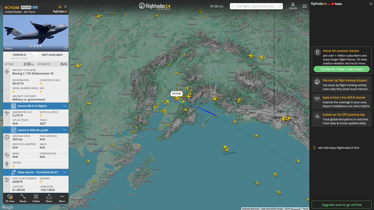 AIYeyENGDdJkjTr's tweet photo. July 5, 2026
#Fairfield Travis Air Force Base ==> #Anchorage Elmendorf Air Force Base

#RCH348 #AE0679 USAF C-17A Globemaster III https://t.co/K9LvKwQfeQ